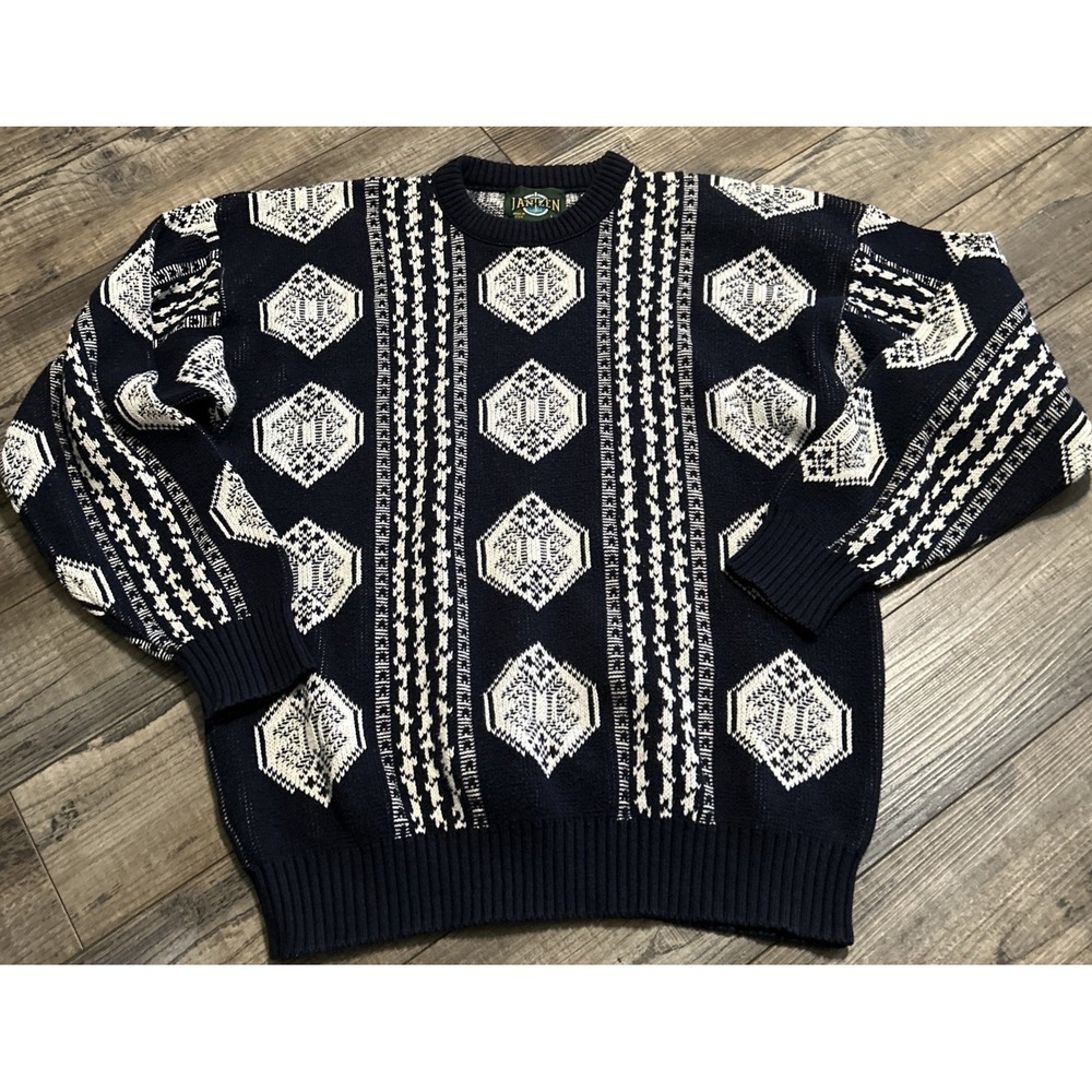 Vintage 90s Jantzen Abstract‎ Knit Sweater L Navy Blue And White